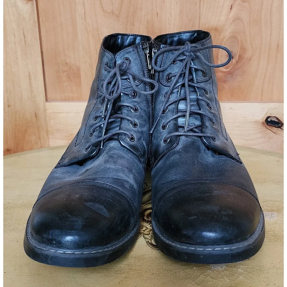 Rockport‎ US 11 Gray 100% Leather Lace Up High Top Combat Boots Moto Grunge Punk